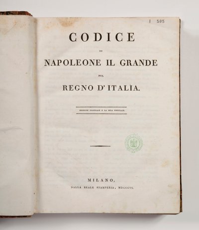 Código de Napoleão, o Grande, para o reino da Itália, aberto na página de título, publicado em Milão, dalla reale Stamperia, 1806 (impresso) de Italian School