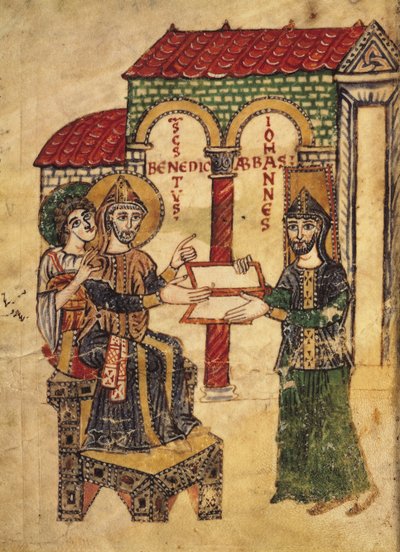Códice 73 Abade João oferece o manuscrito a São Bento (c.480-c.550), abade e fundador de Montecassino, escrito pelo diácono Paulo, italiano, 915, do Comentário sobre as regras monásticas de São Ben. de Italian School