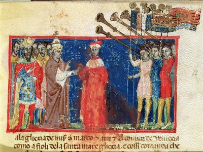 Códice Correr I 383 Doge Sebastiani Ziani recebe uma petição do papa Alexandre III (1159-81) e do imperador Frederico Barbarossa (c.1123-90) de Italian School