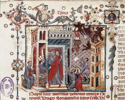 Codices Cavenses, Cod.25 f.181, Simon Magus, o Imperador Nero e os Apóstolos, em miniatura de Speculum Historiale, Parte I, de Vincent de Beauvais, c.1320 (têmpera sobre velino) de Italian School
