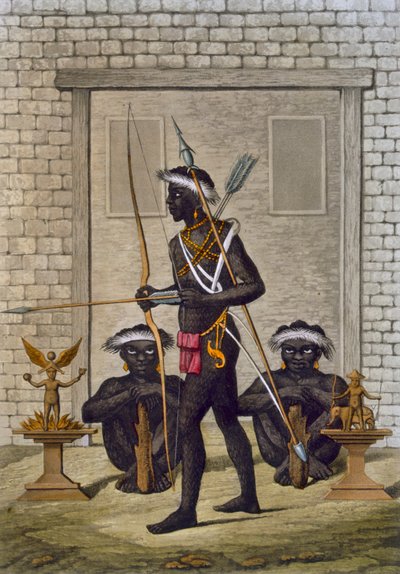 Tribos do Congo e figuras fetichistas guardam o palácio do Saba ou soberano, c.1820s-30s de Italian School