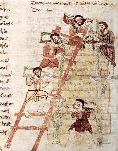 Construção de uma Torre, Miniatura retirada do manuscrito "De Universo" Livro 16 Cap. 1 de Maurus Rabanus, século IX de Italian School