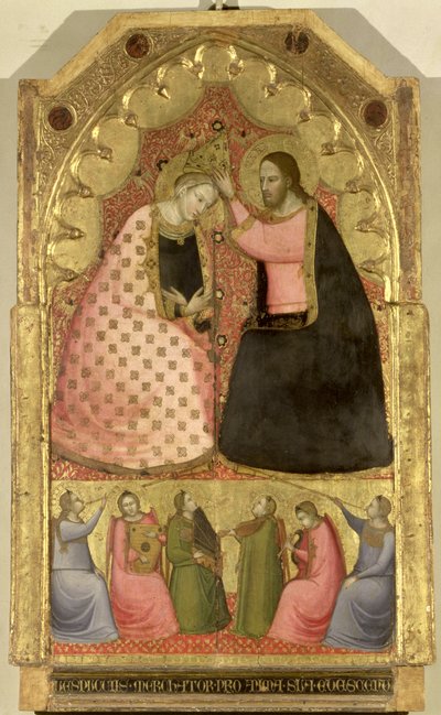 Coroação da Virgem, retábulo de altar com painel de predella representando anjos tocando instrumentos musicais, florentino (painel) de Italian School