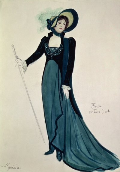 Figurino para Tosca, da ópera &39;Tosca&39; de Puccini (lápis e wc no papel) de Italian School
