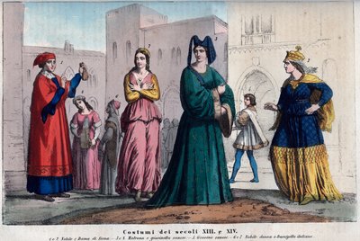 Figurinos em Siena entre os séculos XIII e XIV - vestuário em Siena entre os séculos XIII e XIV - gravura de "Usi e Costumi di Tutti i Popoli dell