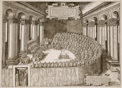 Conselho de Trento, 1563, de uma gravura publicada em Veneza em 1565, ilustração da igreja da Inglaterra: uma história para os povos por HDM Spence-Jones, bar. c.1910 (foto sépia) de Italian School