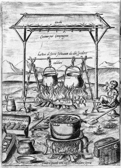 Cozinha campestre: caldeirões e panelas são colocados no fogo. Gravura de "Ópera", livro sobre gastronomia dividido em 6 partes, de Bartolomeo Scappi, cozinheiro pessoal do Papa Pio V. Veneza. de Italian School
