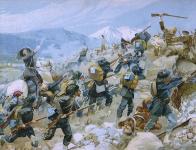 Guerra da Criméia e a batalha de Chernaya, 16 de agosto de 1855, ilustração de um álbum sobre a história do Risorgimento feito para o chocolate Talmone, final do século XIX de Italian School