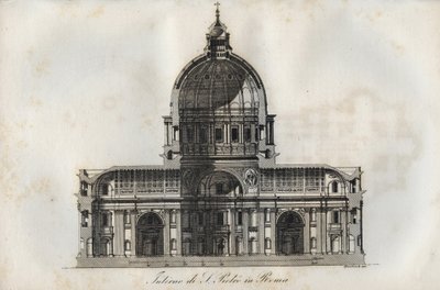 Corte transversal da Basílica de São Pedro (Basílica de São Pedro) em Roma - gravura de "Usos e costumes de todos os povos do Universo". Ou melhor, a história do governo, das leis, das milícias, da religião de todas as nações desde os tempos mais remotos a de Italian School