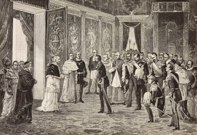 Príncipe herdeiro da Alemanha (futuro Frederico III) sendo recebido pelo Papa Leão XIII na Sala do Trono, Vaticano, gravura de desenho de Ximenes do esboço de Dal Don, de L