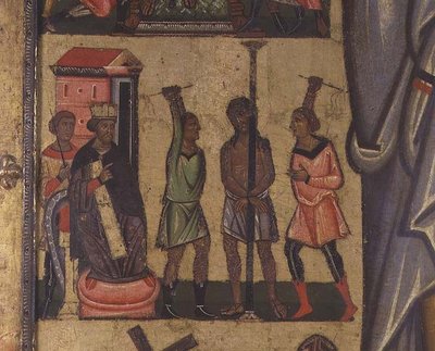 Crucificação com Histórias da Paixão: detalhe mostrando a Flagelação de Cristo, Escola de Lucca (tempera no painel) de Italian School