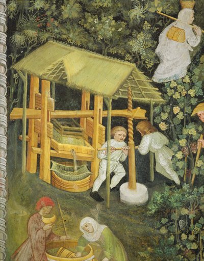 Esmagamento de uvas. O lagar de vinho (fresco) de Italian School