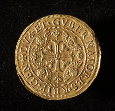 Moeda da República de Genes: 12,5 moedas de ouro doppie. Diam. 61 mm. 1656. Frente. Genes Musei di Strada Nuova (inv. 6453) de Italian School