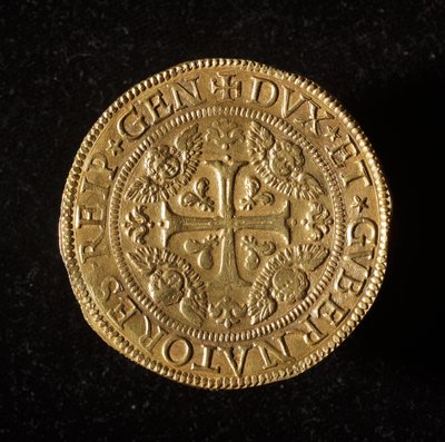 Moeda da República de Genes: 12,5 moedas de ouro doppie. Diam. 61 mm. 1656. frente. Genes Musei di Strada Nuova (inv. 6456) de Italian School