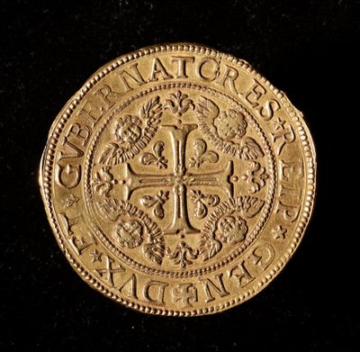 Moeda da República de Genes: 20 doppie de ouro. Diâmetro: 58 mm. 1645. Frente. Genes Musei di Strada Nuova (inv, M7097) de Italian School