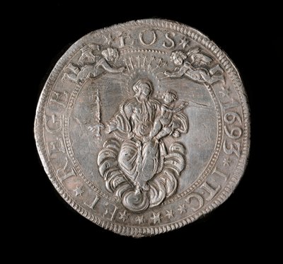 Moeda da República de Genes: moeda de prata de cinco ecus. Diam. 61 mm. 1693. Atrás. Genes Musei di Strada Nuova de Italian School