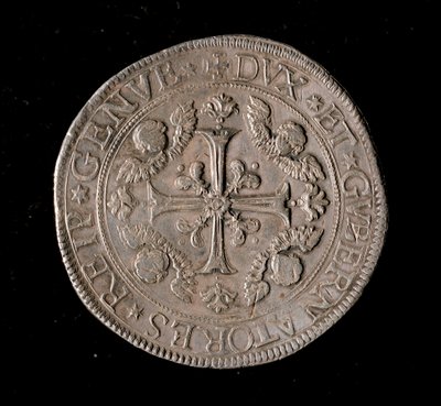 Moeda da República de Genes: moeda de prata de cinco ecus. Diam. 61 mm. 1693. Frente. Genes Musei di Strada Nuova de Italian School