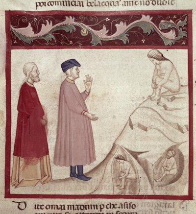 Dante e Virgílio (70-19 aC) encontram as almas presas nas rochas, da Divina Comédia de Dante Alighieri (1265-1321) de Italian School
