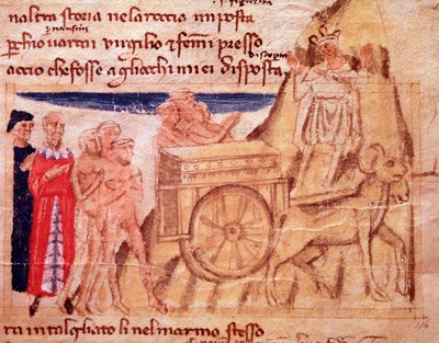 Dante e Virgílio e a carruagem e os bois puxando a Arca (canção X do Purgatório, na Divina Comédia) - miniatura de Italian School