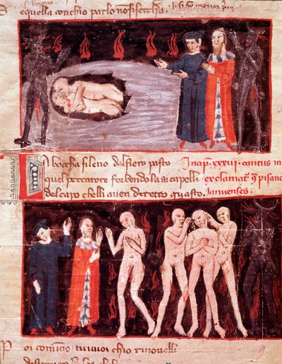 Dante e Virgil conhecem Ugolino, traidor (canção 23 de Hell in the Divine Comedy) em miniatura de Italian School