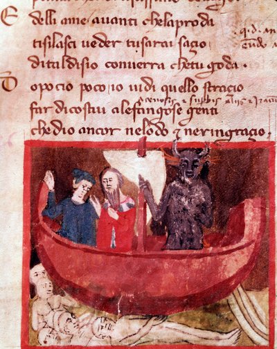 Dante e Virgil no barco Phlegyas conhecem Filippo Argenti (canção 8 do Inferno, na Divina Comédia) - miniatura de Italian School
