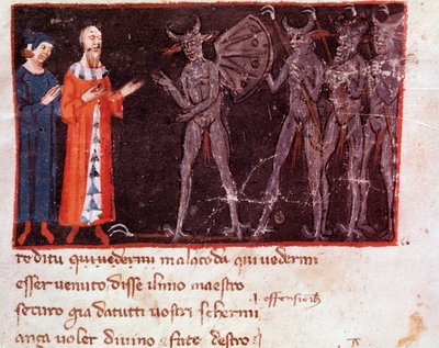 Dante e Virgil falam com Malacoda, líder dos esquadrões Malebranche (canção 21 do Inferno, na Divina Comédia) - miniatura de Italian School