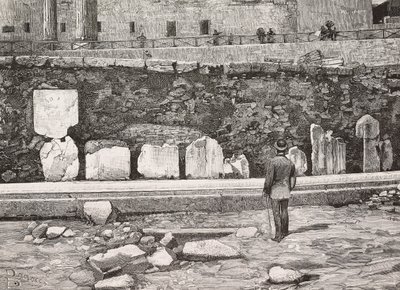 Hemiciclo decorativo no Fórum Romano, Roma, Itália, gravura de desenho de Dante Paolocci, de L