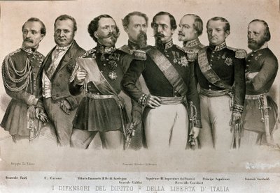 Defensores da Lei e da Liberdade da Itália: da esquerda para a direita, General Manfredo Fanti (1806-1855), Camillo Benso, Conde de Cavour (1810-1861), Rei da Sardenha Vittorio Emanuele II (Victor Emmanuel) (Victor Emmanuel), General Enrico Cialdini (1811- de Italian School