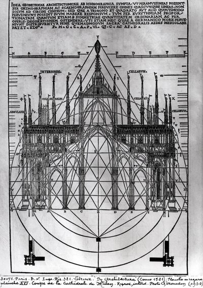 Projeto para a Catedral de Milão, ilustração de De Architectura por Vitruvius, Como, 1521 de Italian School