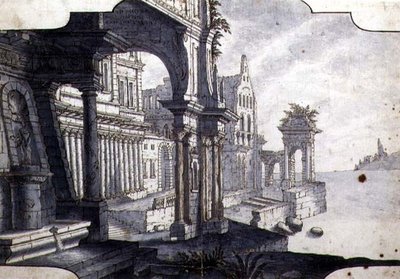 Desenho para um conjunto de palco, c.1750 (caneta e tinta e aguarela sobre papel) de Italian School
