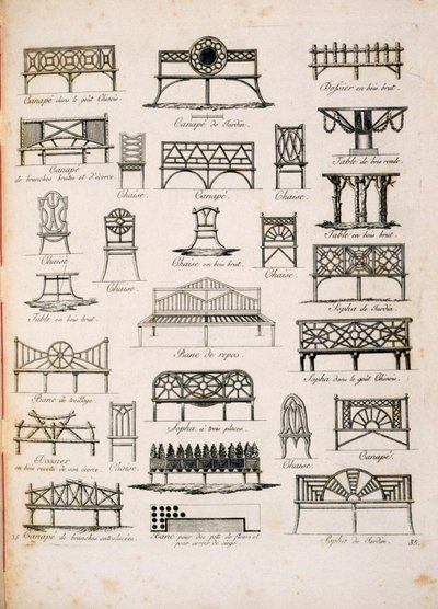 Desenhos para assentos de jardim, de A Compendium of Drawings, de JG Grohmann, publicado em 1805 de Italian School