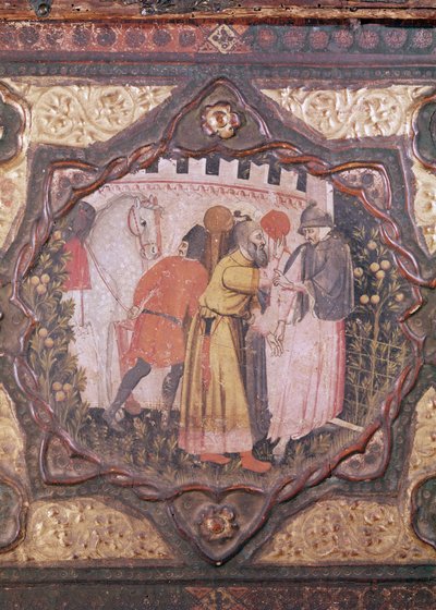 Detalhe de uma cassete mostrando a história de Saladino e Torello de Ístria, de Giovanni Boccaccio (tempera no painel) (ver também 444281-82) de Italian School