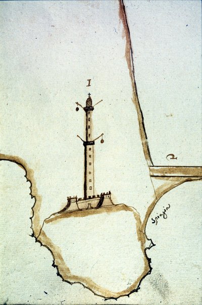 Detalhe de um mapa topográfico manuscrito do século XVII, mostrando a posição da lanterna de Génova. de Italian School