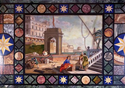 Detalhe de um topo de tabela que descreve o porto de Livorno, após um projeto por Antonio Ciocci de Italian School