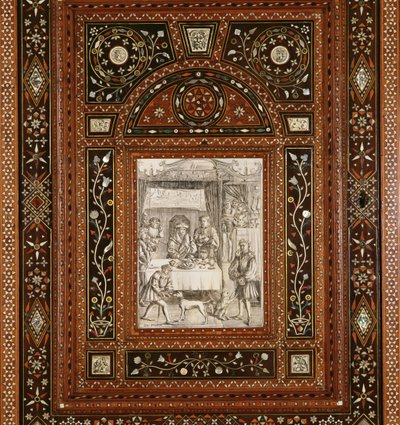 Detalhe de uma gravura em marfim, depois de Memling (c.1433-94), de um gabinete dado a Maria Rainha dos Escoceses (1542-87) e Francisco II (1544-60) como presente de casamento (madeira e marfim incrustado) ( ver 162449) de Italian School