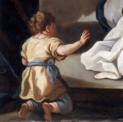 Detalhe da pintura retratando a Madonna do Rosário com os Santos Dominik e Catarina de Siena de Italian School
