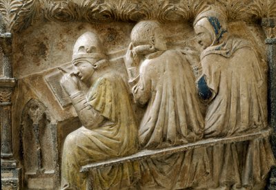 Detalhe representando os alunos que seguem o curso de Bonifacio Galluzzi (Laje Grave, cerca de 1346) de Italian School