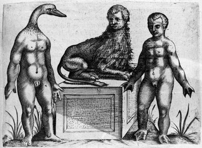 Diferentes tipos de monstros humanos: um homem com a cabeça de um pato, um homem com o corpo de um leão e outro com as mãos da palma da mão. Gravura de "De monstrorum natura, causis et differentiis" de Fortunio Liceti (1577-1656), cientista italiano. 1646 de Italian School