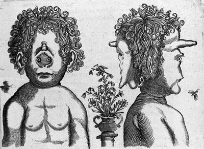 Diferentes tipos de monstros humanos: rosto e rosto de cabeça de monstro. Gravura de "De monstrorum natura, causis et differentiis" de Fortunio Liceti (1577-1656), cientista italiano. 1646 de Italian School
