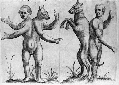 Diferentes tipos de monstros humanos: duas criaturas com corpos duplos, metade homem e metade cão (siamês). Gravura de "De monstrorum natura, causis et differentiis" de Fortunio Liceti (1577-1656), cientista italiano. 1646 de Italian School