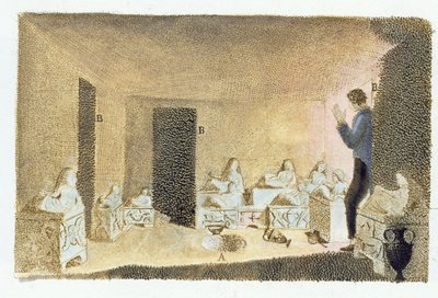 Descoberta de tumbas etruscas. ilustração de Monumenti Etruschi por Francesco Inghirami (1772-1846), publicado em Fiesole, 1825 (gravura de cor) de Italian School