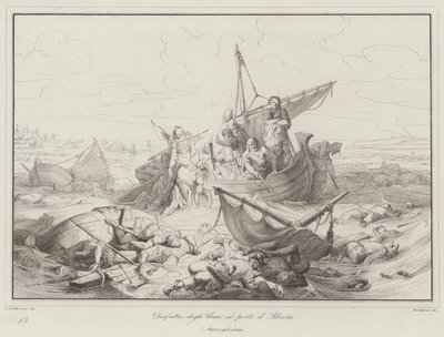 Derrota dos hunos no porto de Albiola, 903 (gravura) de Italian School