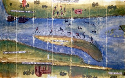 Disputa sobre o direito de colher gelo entre os moradores do Rio Pó. 1535. Milão, Arquivo Nacional. de Italian School