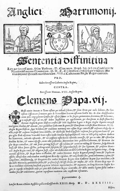 Documento declarando o julgamento do Papa sobre a validade do casamento de Henrique VIII e Catarina de Aragão, 1534 (impresso) de Italian School