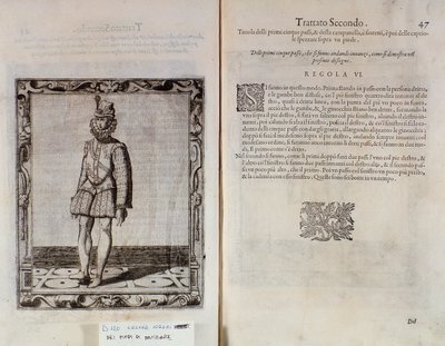 Página dupla de O Gratie dAmore (Le Grazie dAmore), do dançarino italiano Cesare Negri, chamado The Trombone (1536-1604), tratado sobre dança de Italian School