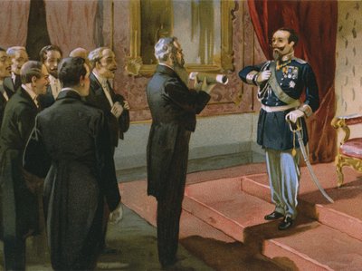 Duque de Sermoneta oferecendo o rei Victor Emmanuel II (1820-1878) o plebiscito de Roma no Palazzo Pitti, Florença, 1870, ilustração de um álbum sobre a história do Risorgimento feito para o talm de chocolate de Italian School