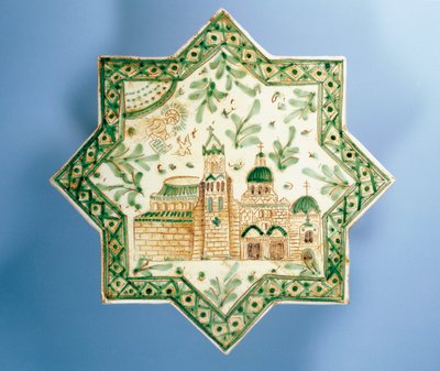 Azulejo de oito pontas representando Frederico II no trono ao centro, cerâmica decorativa, fabrico Alessi, Caltagirone, Sicília, Itália, século XX de Italian School