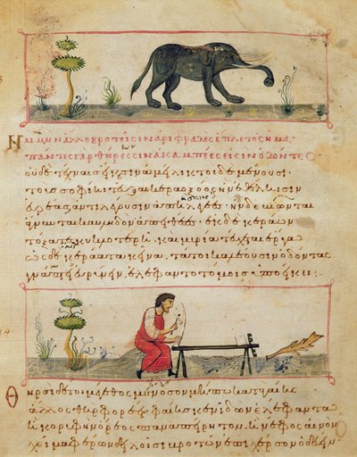 Elefante e trabalho de marfim tradicional, ilustração do Cynegetica por Oppian (tempera em velino) de Italian School