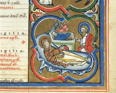 Calendário Elizabetano, Dezembro, Natividade (caneta e tinta, tempera e folha de ouro em velino) de Italian School