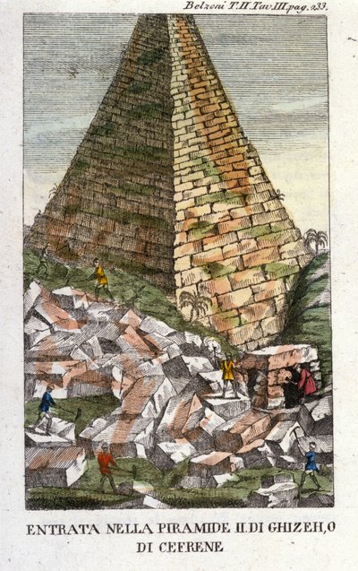 Entrada de Belzoni na Pirâmide de Guizeh (Guiseh, Giza, Giza) ou Chephren (Velho Império). Giovanni Battista (Gianbattista) Belzoni (1778-1823), explorador e arqueólogo italiano, fez importantes descobertas arqueológicas no Egito. Gravura - em " de Italian School